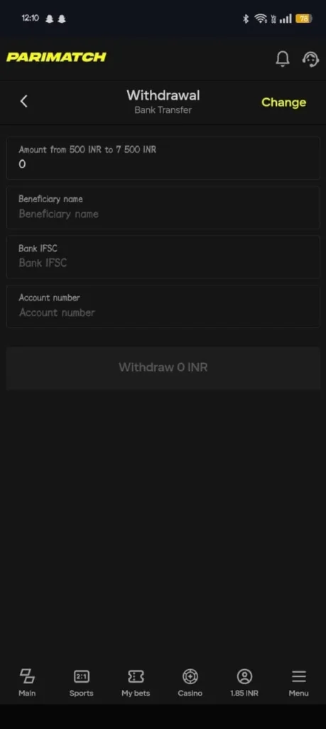 Parimatch Withdrawal Section