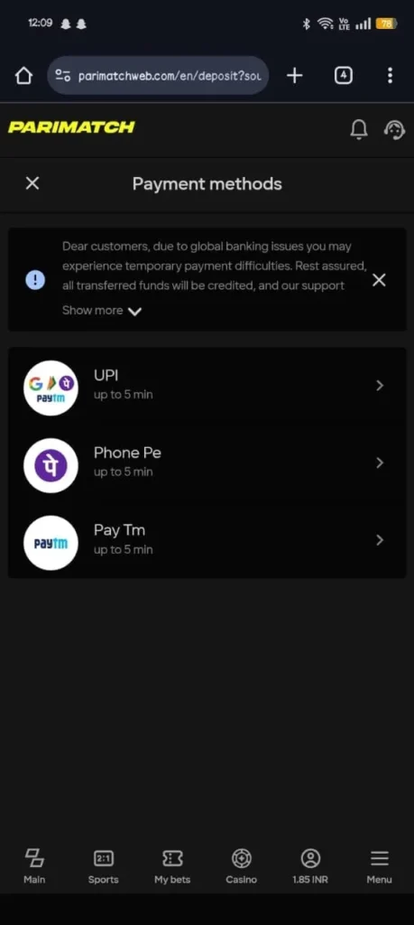 Parimatch Payment Methods