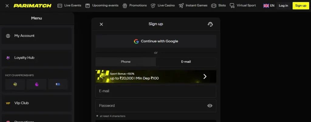 Parimatch desktop sign up