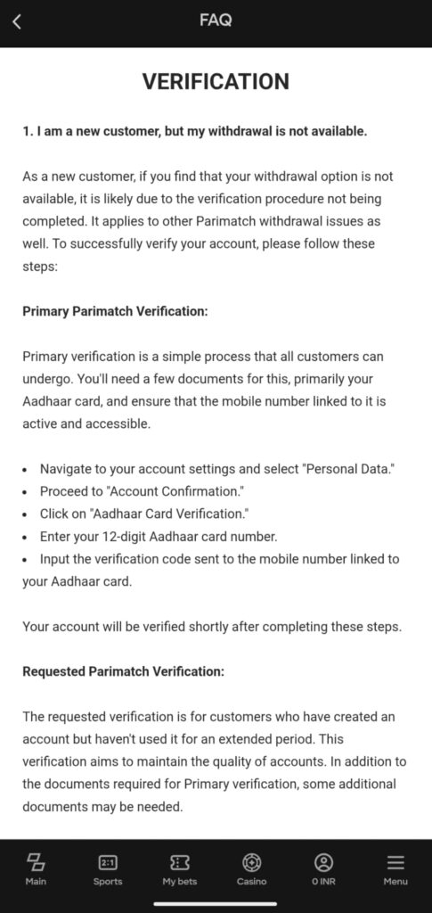 Parimatch account verification