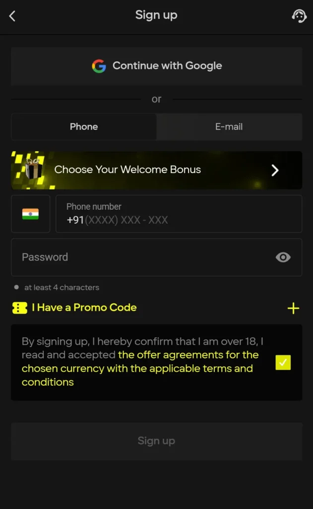 Parimatch account registration on Android
