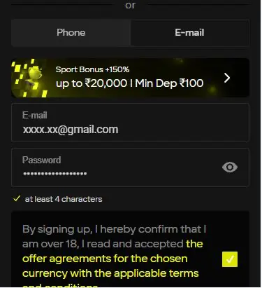 Parimatch app sign up on Android