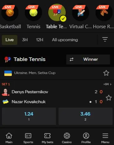 table tennis betting Parimatch